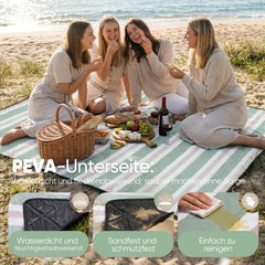 Sekey Picknickdecke Wasserdicht – Sandfreie Stranddecke mit Klassischem Streifenmuster in Hellgrün, Hellbraun & Weiß, PEVA-Unterseite & Tragegurt für Picknick, Camping und Strand