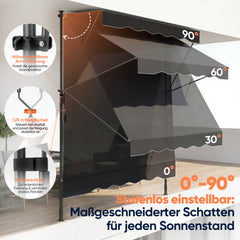Sekey Klemmmarkise ohne Bohren in 150–350 cm Breite, 130 cm Ausfall, 0–90° verstellbar, wasserdicht & UV-Schutz (UPF 50+), Balkon Markise mit Handkurbel für Balkon, Terrasse & Garten, Anthrazit