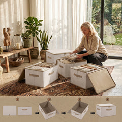 Sekey Aufbewahrungsboxen mit Deckel & Griffen – Faltbare Stoffboxen Organizer 50×30×30 cm, stapelbar für Kleiderschrank & Regal – 3er/6er Set, Beige