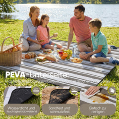 Sekey Picknickdecke Wasserdicht – Sandfreie Stranddecke mit klassischem Streifenmuster in Braun-Weiß, In Beige/Weiß gestreift, PEVA-Unterseite & Tragegurt für Picknick, Camping und Strand