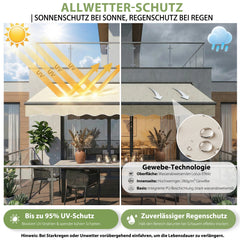 Sekey Gelenkarmmarkise 300x250 cm Beige mit Handkurbel – 0–53° stufenlos neigbar, Doppel-Stahlseilzug, 280g/m² wasserdichtes Polyester, UV50+ Sonnenschutz für Balkon, Terrasse & Garten