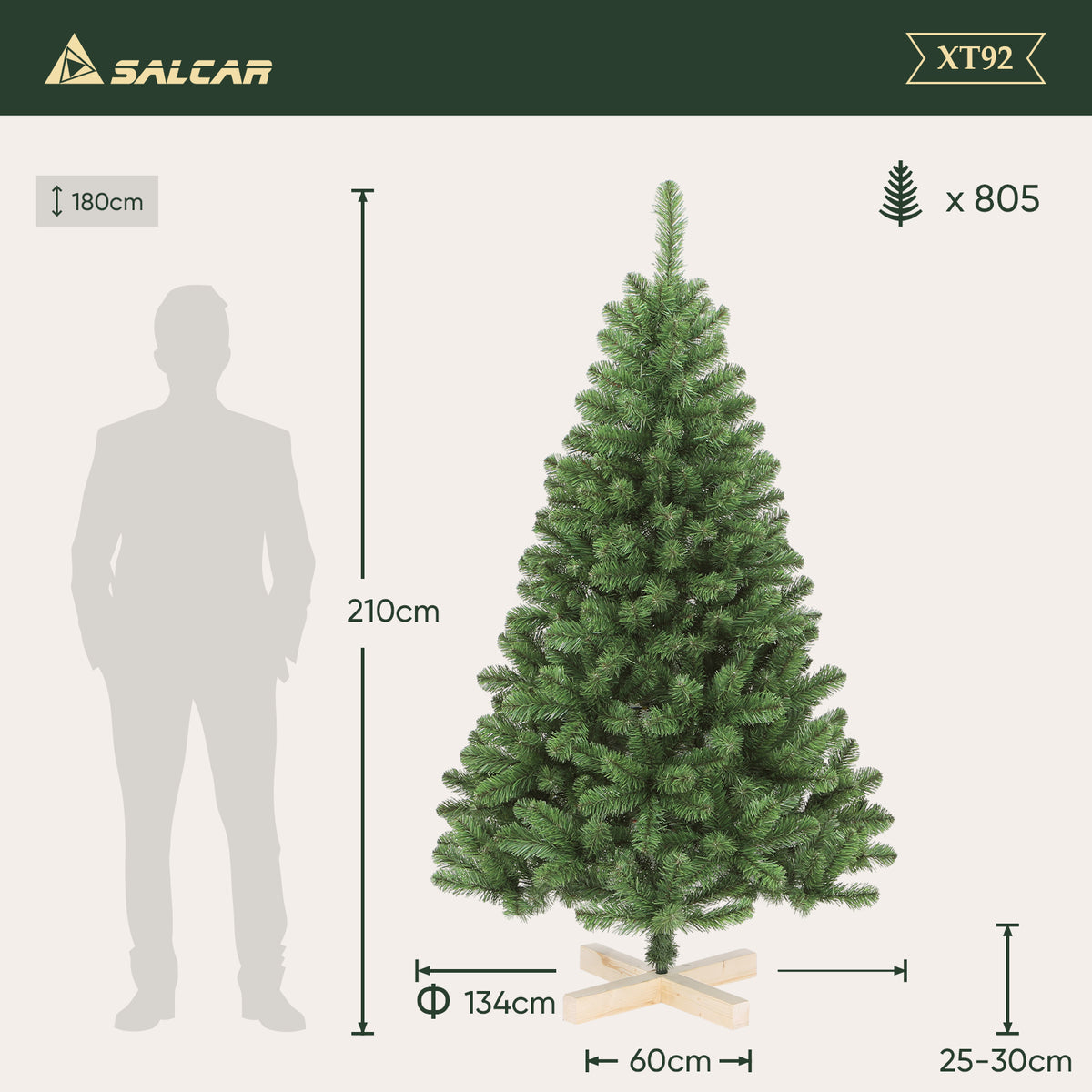 SALCAR Artificial Christmas Tree 120/150/180/210 cm – Nordmann Fir Look with Wooden Stand, Premium PVC Christmas Tree with Rounded Branch Tips