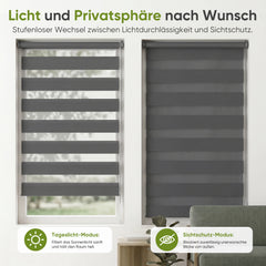 Salcar Doppelrollo Klemmfix Grau – Duo Rollo ohne Bohren für Fenster, Zebra Rollo mit Metallkern-Halterungen, Moderner Sicht- und Sonnenschutz