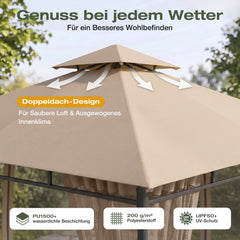 Sekey Garten Pavillon 3x3 m, Gartenzelt mit Moskitonetz, Atmungsaktives Doppeldach 160g/㎡ Polyester