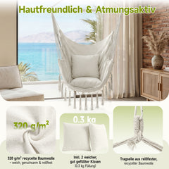 Sekey Hängesessel mit 2 Kissen & Seitentasche – Boho Hängestuhl in Creme für Balkon, Garten & Wohnbereich