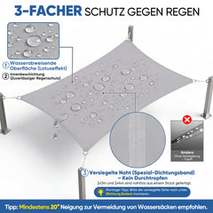 Sunula Sonnensegel wasserdicht Rechteckig – PES 160g/m² mit heißversiegelter Naht, UV-Schutz 95% UPF50+, reißfest & wetterfest mit Edelstahl-D-Ringen für Balkon, Terrasse & Garten (Hellgrau)