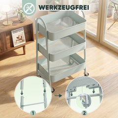 Sekey Rollwagen Küche 30 cm – Schmaler Servierwagen aus Metall mit Rollen, 3 Ablagen, 2 Metallkörben & 4 Haken