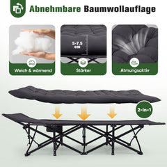 Sekey Feldbett Campingbett Klappbar 190 × 71 × 35 cm – Campingliege mit 7 cm Matratze, Klappbett bis 200 kg, Angelliege aus 1200D Oxford-Gewebe, Schwarz
