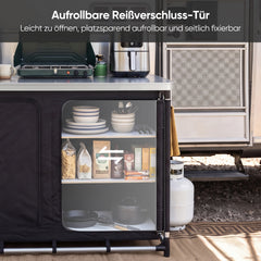 Sekey Campingschrank faltbar mit Tischplatte, Campingküche Outdoor 79 x 48 x 96 cm, Campingküche mit 6 Fächern, Aluminiumgestell, MDF-Arbeitsplatte, für Camping, Wohnmobil & Garten