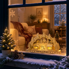 Salcar LED Schwibbogen aus Holz, 3D Weihnachtsdeko mit Fachwerkhäusern, Turm & Tannen, 10 warmweiße LEDs, batteriebetriebener Lichterbogen für Fensterbank & Sideboard
