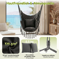 Sekey Hängesessel mit 2 Kissen & Seitentasche – Boho Hängestuhl für Balkon, Garten & Indoor – Anthrazit