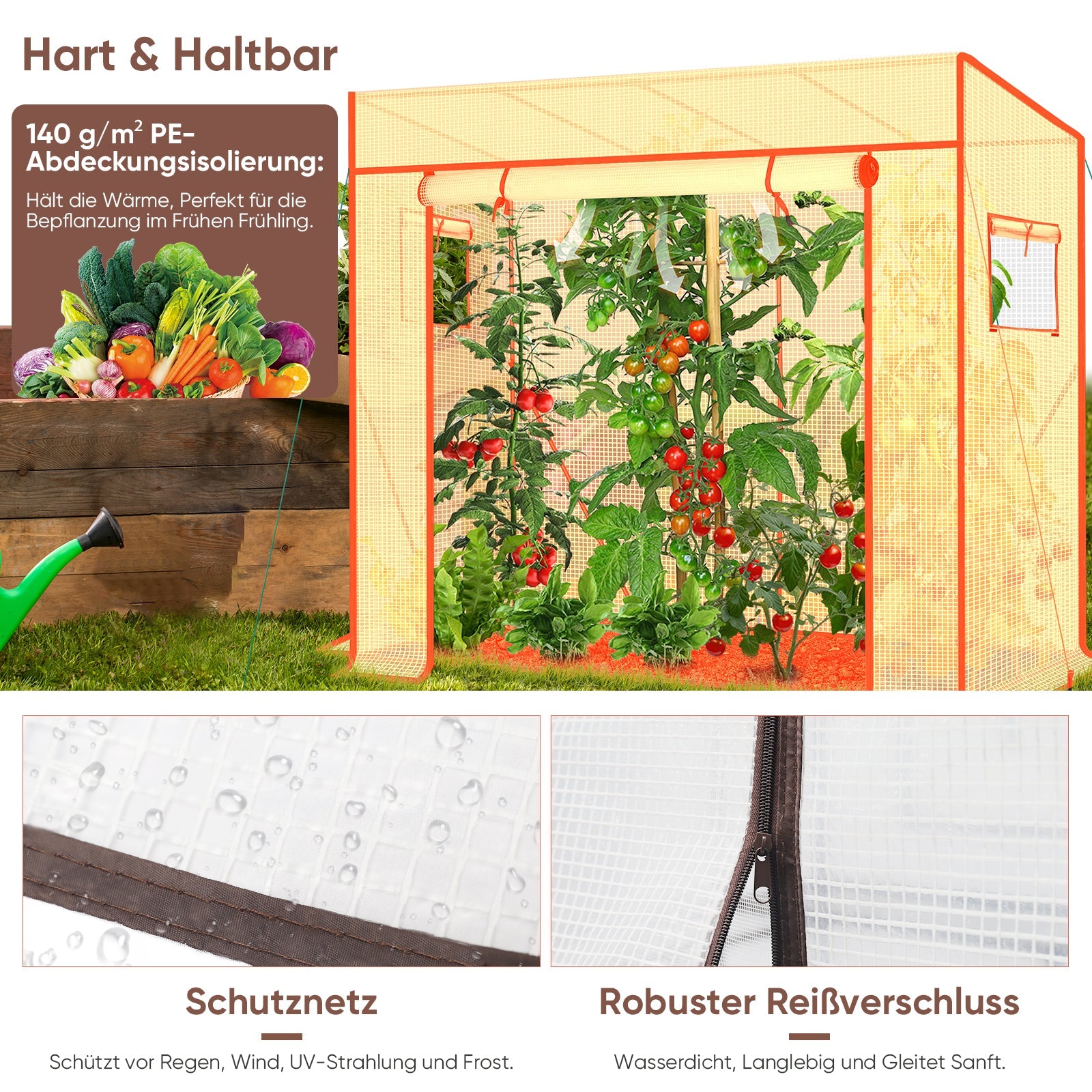 Sekey Tomatengewächshaus Tamara XL Folien-Gewächszelt mit aufrollbarer Tür, stabiler Rahmen 200 x 77 x 146/170 cm Sekey
