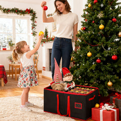 Salcar Schwarze Aufbewahrungsbox für 128 Weihnachtskugeln Faltbare Christbaumkugel-Box 64,8×32,3×34,2 cm mit 128 Fächern, Tragegriffen & Doppelreißverschluss