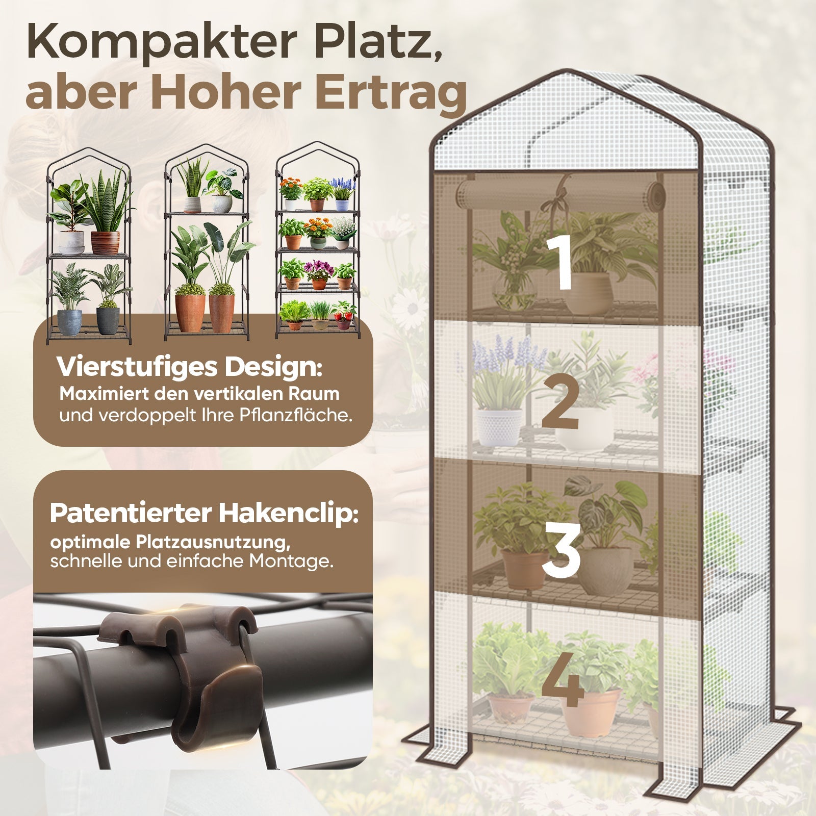 Sekey Mini-Gewächshaus für Tomaten mit 4 Ebenen Kompaktes Foliengewächshaus für Balkon & Garten, Stabil & Platzsparend (160×70×50 cm) Sekey
