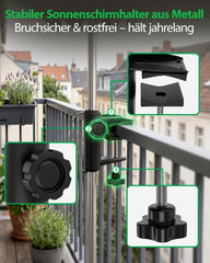 Sekey Sonnenschirmhalter für Balkon – Klemmhalterung für Geländer, platzsparender Schirmständer ohne Bohren, für runde & eckige Geländer (Ø 20–50 mm) & Schirmstöcke 19–38 mm, Schwarz-Metall