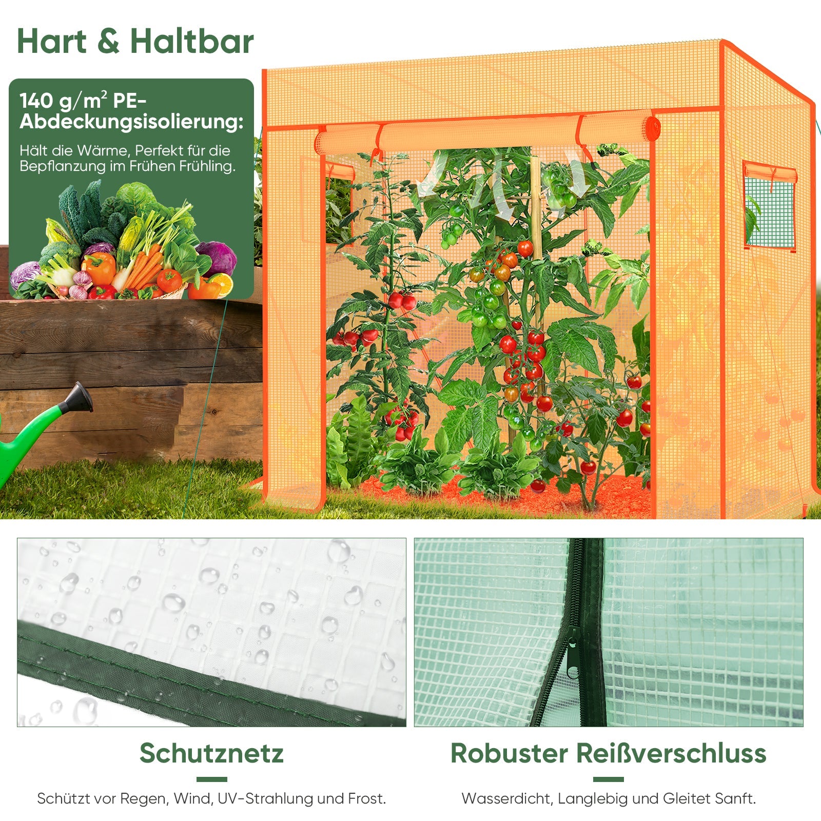 Sekey Tomatengewächshaus 200 x 170 x 77 cm Begehbares Folien-Gewächshaus für Balkon & Garten, stabil, winterfest & UV-beständig, Grün Sekey
