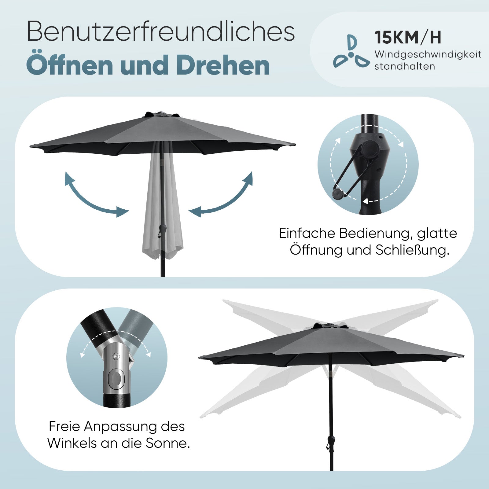 Sekey Sonnenschirm 300 cm Alu Gartenschirm Rund, Marktschirm Knickbar, mit Kurbel Sekey