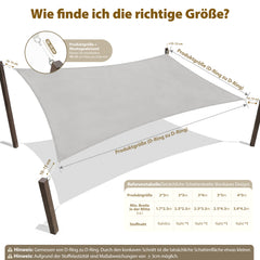Sekey Sonnensegel Wasserdicht Rechteckig – ohne Mittelnaht, 160 g/m² PES, mit Edelstahl-Ringen & Lotus-Effekt, reißfest, 95% UV-Schutz für Balkon, Terrasse & Garten, Hellgrau