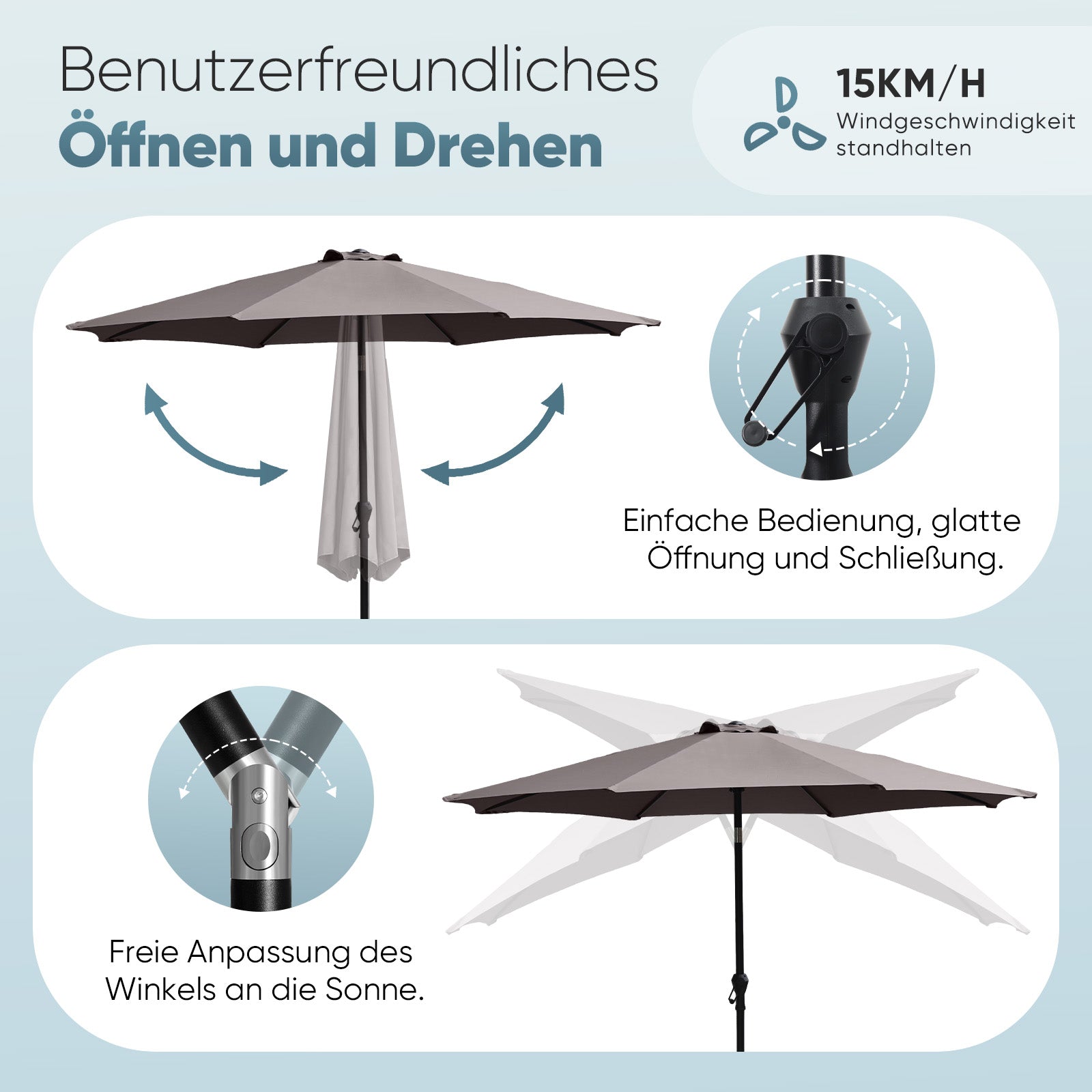 Sekey Sonnenschirm 300 cm Alu Gartenschirm Rund, Marktschirm Knickbar, mit Kurbel Sekey