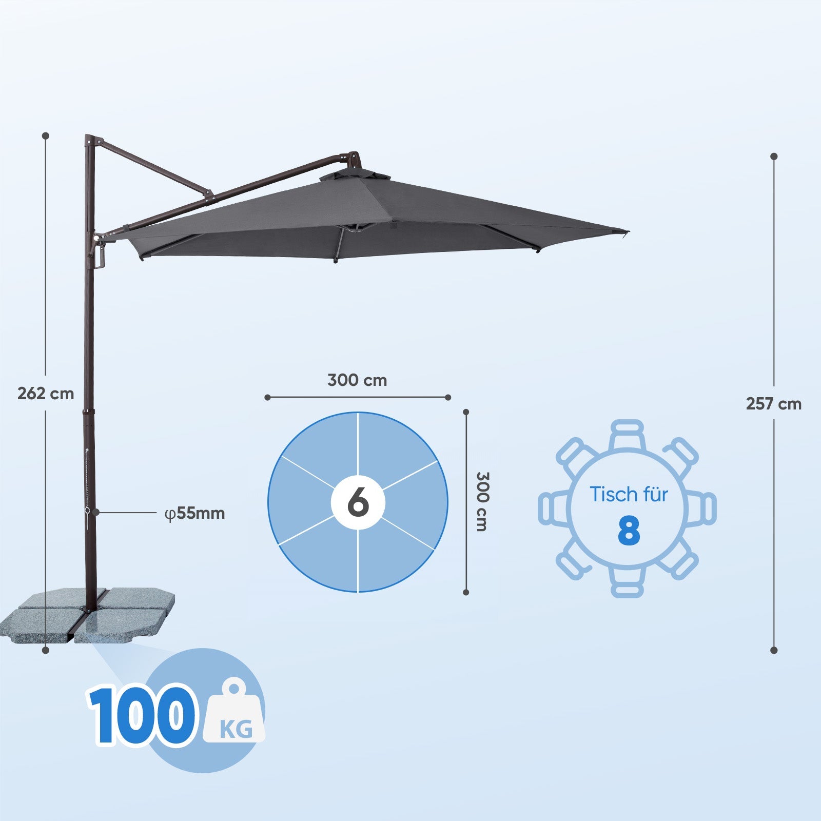 Sekey Ampelschirm 300 cm Aluminium Sonnenschirm mit 360° Drehung, Neigefunktion, UV50+ Schutz Sekey