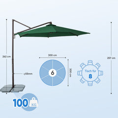Sekey Ampelschirm 300 cm Aluminium Sonnenschirm mit 360° Drehung, Neigefunktion, UV50+ Schutz Sekey