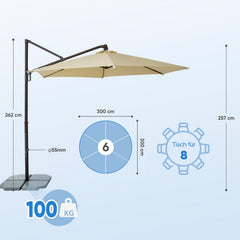 Sekey Ampelschirm 300 cm Aluminium Sonnenschirm mit 360° Drehung, Neigefunktion, UV50+ Schutz Sekey