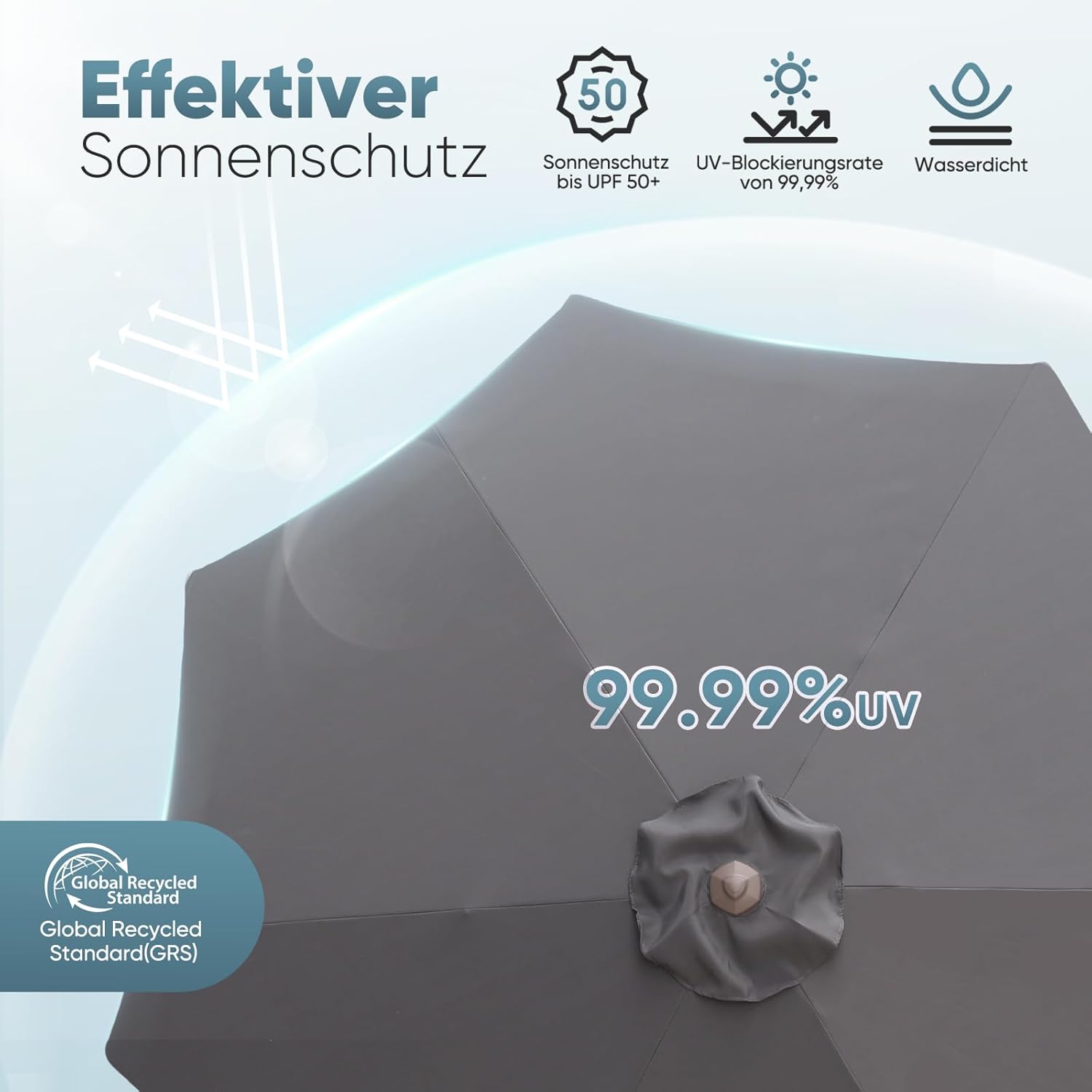 Salcar Sonnenschirm Ø 2,7 m – Kurbelschirm mit Knickgelenk, UPF 50+, UV-Schutz & wasserabweisend, GRS-zertifiziertes Polyester, für Garten, Terrasse & Balkon Sekey