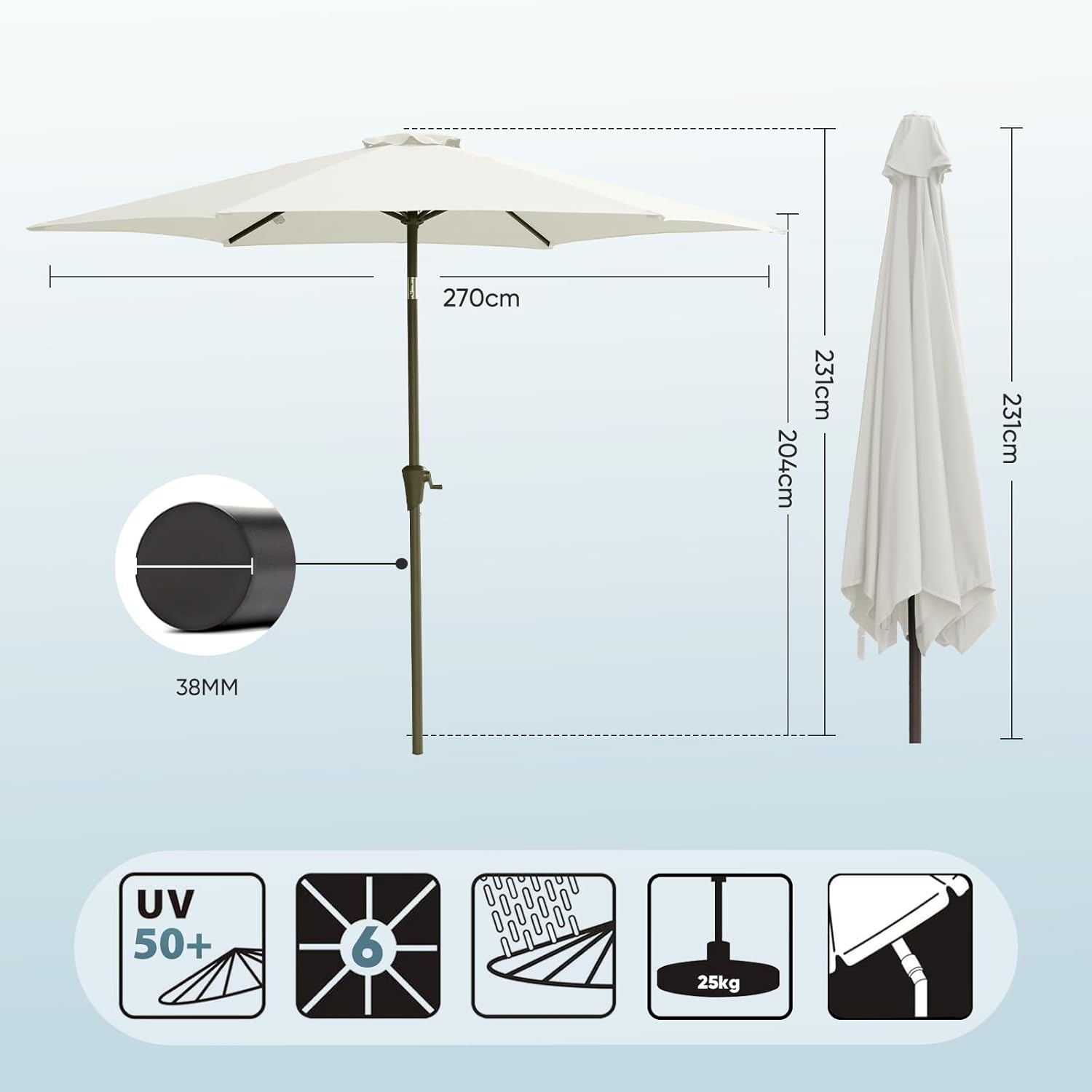 Salcar Sonnenschirm Ø 2,7 m – Kurbelschirm mit Knickgelenk, UPF 50+, UV-Schutz & wasserabweisend, GRS-zertifiziertes Polyester, für Garten, Terrasse & Balkon Sekey