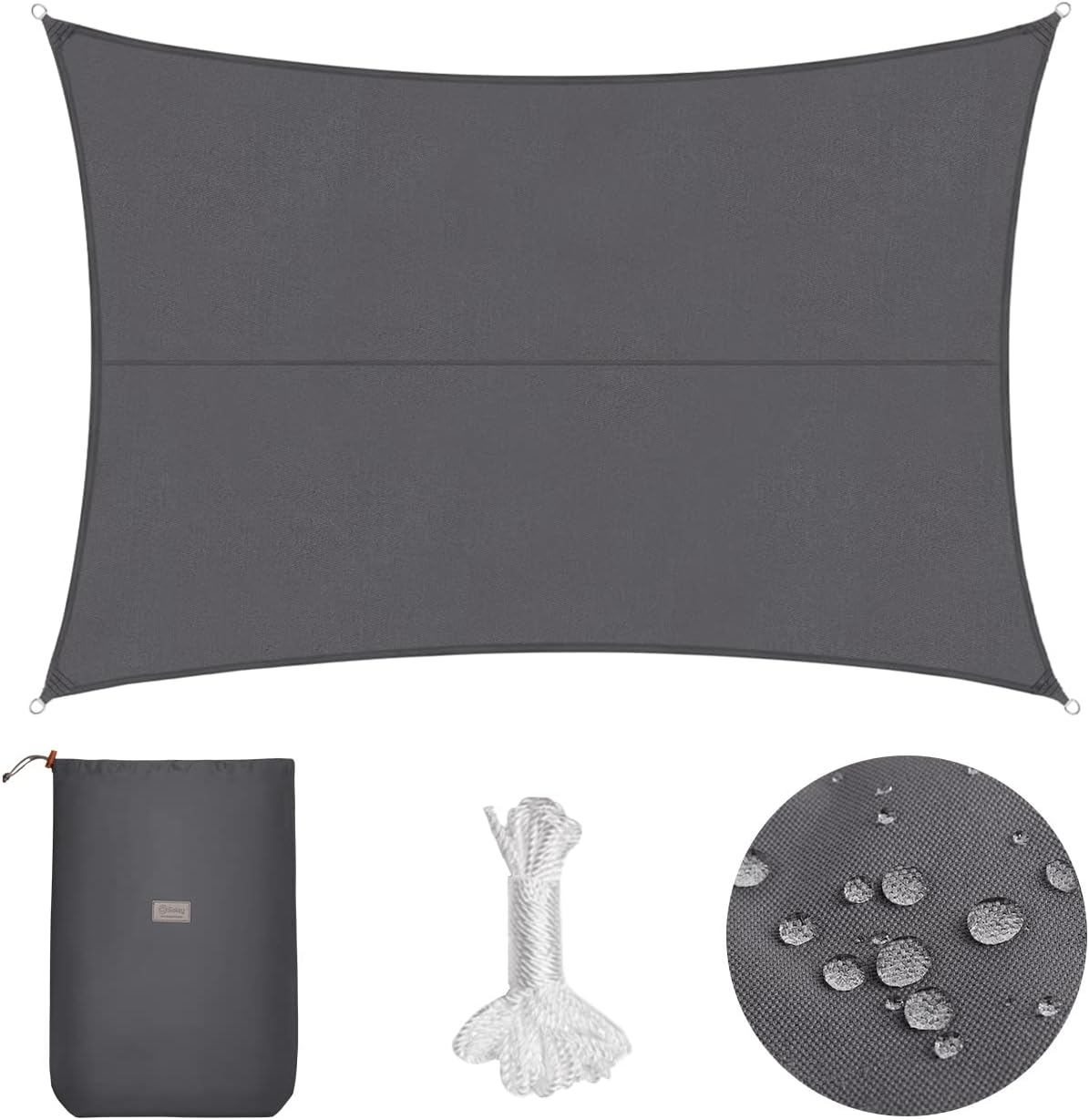 Sekey Sonnensegel Wasserdicht 3x4 m Rechteckig – PES Polyester 160 g/m², 95% UV-Schutz (UPF 50+), wetterfest & reißfest, mit Ösen & Befestigungsseilen für Balkon, Garten & Terrasse (Anthrazit)