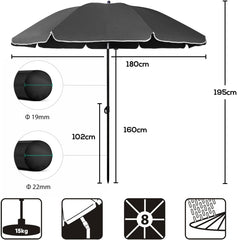 Sekey Sonnenschirm Ø180 cm mit UPF50+ – windstabiler Strand- & Balkonschirm mit Neigefunktion, wasserdicht, inkl. Schutzhülle, GRS-recycelter Bezug