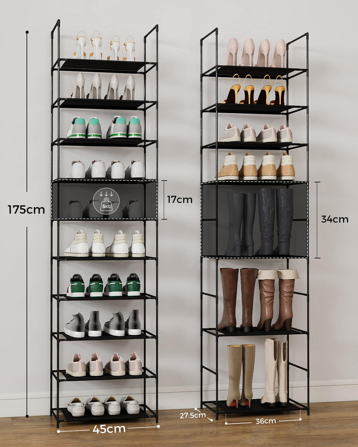 Sekey Schuhregal mit 10 Ebenen – Schmal, stabil & platzsparend, Metallgestell mit Vliesstoffablagen, ideal für Flur & kleine Räume SEKEYMALL