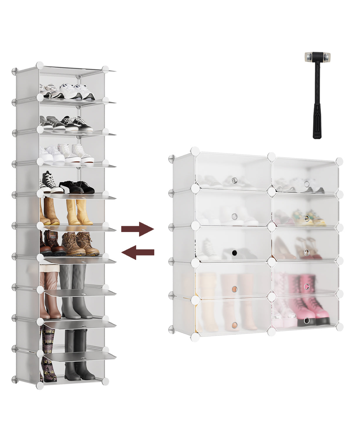 Sekey Schuhschrank mit 10 Fächern – Modularer Schuhorganizer für bis zu 20 Paar Schuhe, stabil & platzsparend, inkl. Hammer & Kippschutz Sekey