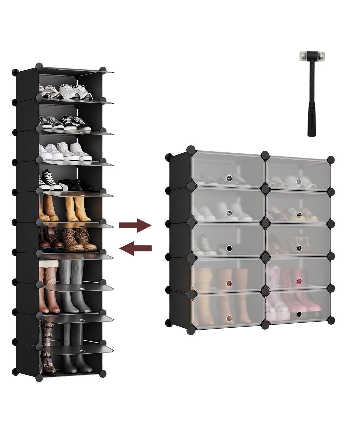 Sekey Schuhschrank mit 10 Fächern – Modularer Schuhorganizer für bis zu 20 Paar Schuhe, stabil & platzsparend, inkl. Hammer & Kippschutz Sekey