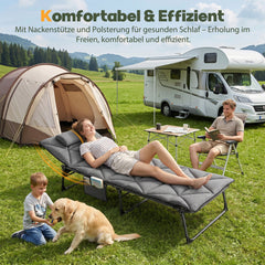 Sekey Campingliege klappbar mit Matratze & Kopfkissen, 6-fach verstellbare Rückenlehne, Feldbett bis 150 kg, Gartenliege, Sonnenliege & Gästebett 190 × 68 cm