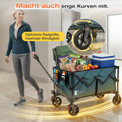 Sunula Faltbarer Bollerwagen 120 kg – 150L Handwagen mit Geländerädern, Bremsen & Einhandgriff, 3024