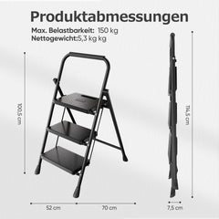 Sekey Klappbare Trittleiter 2/3/4 Stufen – Stahlrahmen, rutschfeste Trittflächen, TÜV & SGS geprüft, bis 150 kg belastbar, Schwarz