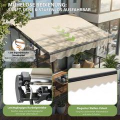 Sekey Gelenkarmmarkise 300x250 cm Beige mit Handkurbel – 0–53° stufenlos neigbar, Doppel-Stahlseilzug, 280g/m² wasserdichtes Polyester, UV50+ Sonnenschutz für Balkon, Terrasse & Garten