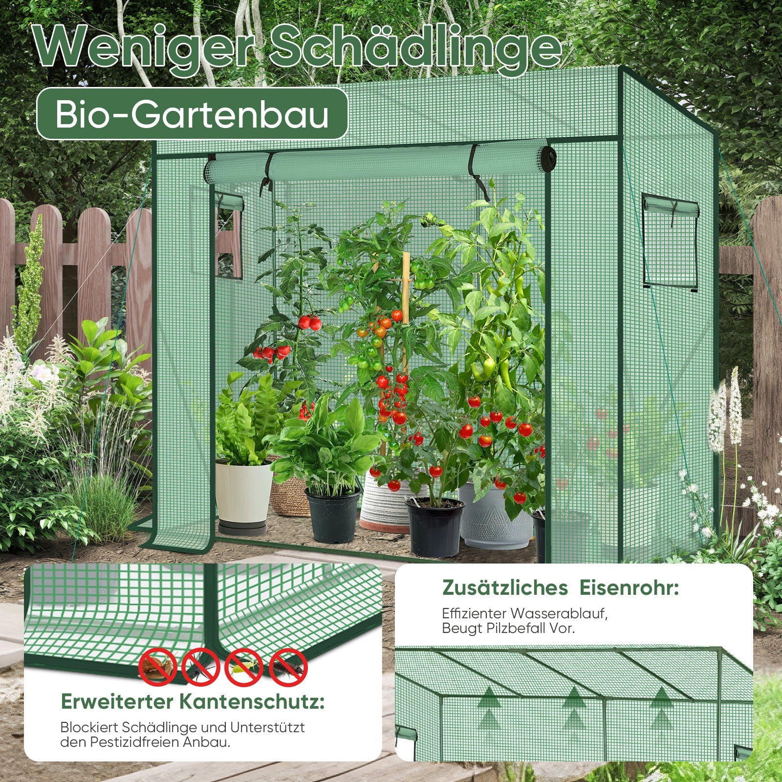 Sekey Tomatengewächshaus 200 x 170 x 77 cm Begehbares Folien-Gewächshaus für Balkon & Garten, stabil, winterfest & UV-beständig, Grün Sekey