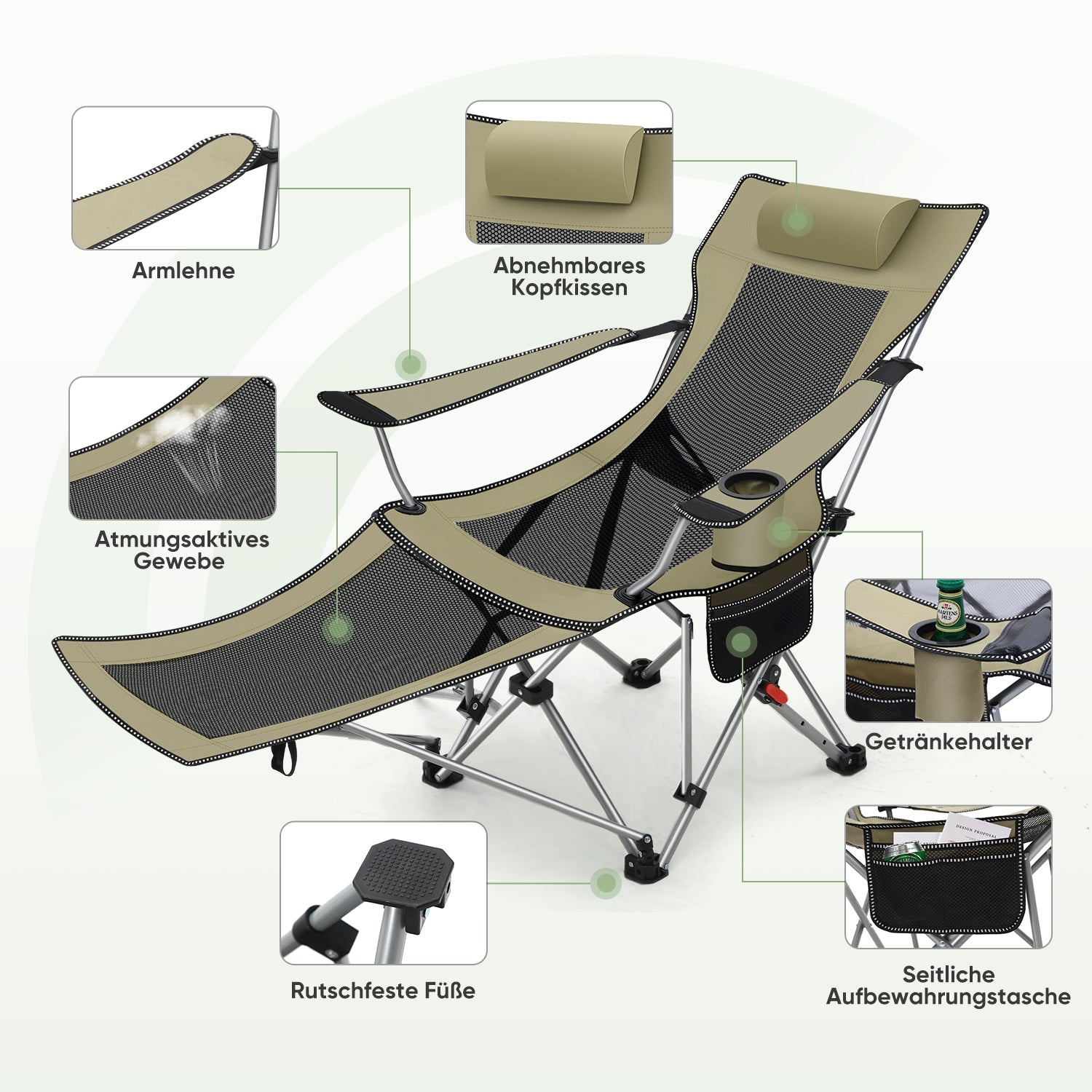 Sunula Klappbarer Campingstuhl, Liegestuhl 2-in-1, Belastbar bis 100 kg, Abnehmbare Fußablage, Getränkehalter, Tragetasche, Leicht, Verstellbare Rückenlehne, Für Angeln, Strand, Camping, Garten, Outdoor Sekey