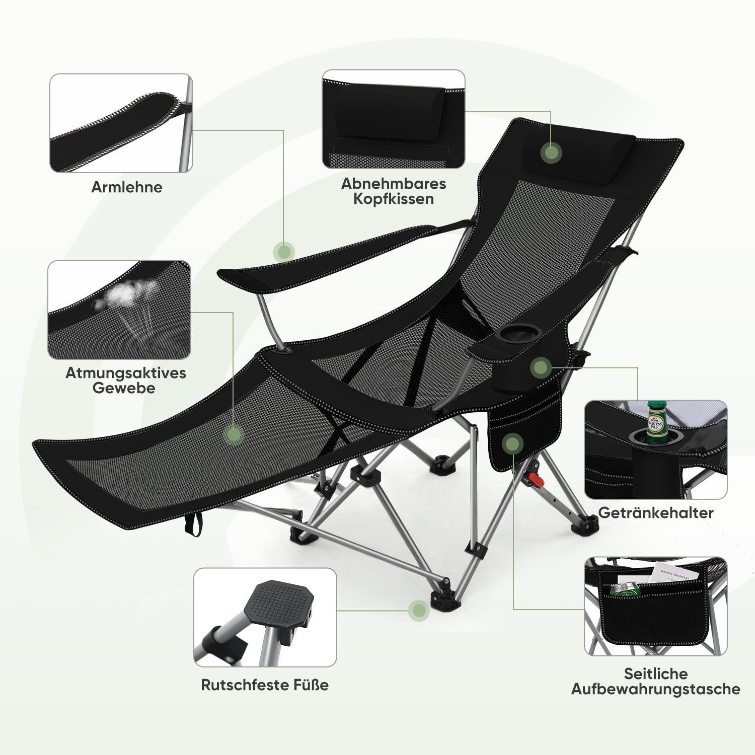 Sunula Klappbarer Campingstuhl, Liegestuhl 2-in-1, Belastbar bis 100 kg, Abnehmbare Fußablage, Getränkehalter, Tragetasche, Leicht, Verstellbare Rückenlehne, Für Angeln, Strand, Camping, Garten, Outdoor Sekey