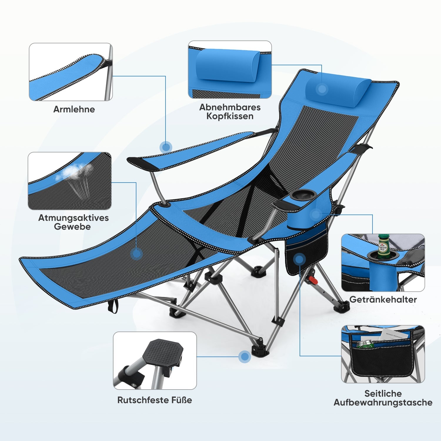Sunula Klappbarer Campingstuhl, Liegestuhl 2-in-1, Belastbar bis 100 kg, Abnehmbare Fußablage, Getränkehalter, Tragetasche, Leicht, Verstellbare Rückenlehne, Für Angeln, Strand, Camping, Garten, Outdoor Sekey