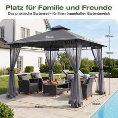 Sekey Pavillon 3x3m Wasserdicht Stabil Winterfest mit 4 Moskitonetzen – Gartenpavillon mit UV-Schutz 50+, Metallrahmen, Partyzelt für Garten, Terrasse, Hof, Events & Camping