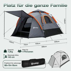 Sekey 2-Personen Campingzelt mit Hydraulik Pop-up System – Wurfzelt 2-in-1, wasserdicht PU3000+, UV50+ Schutz, Kuppelzelt mit Vorzelt & Markise für Outdoor & Familie, Grau
