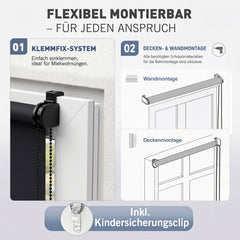 Salcar Thermorollo ohne Bohren Klemmfix – Verdunkelungsrollo für Fenster & Tür, Seitenzugrollo mit Thermobeschichtung, Sonnenschutz & Hitzeschutz, Sichtschutzrollo Schwarz
