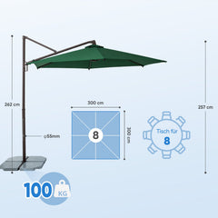 Sekey Ampelschirm 300 cm Aluminium Sonnenschirm mit 360° Drehung, Neigefunktion, UV50+ Schutz Sekey