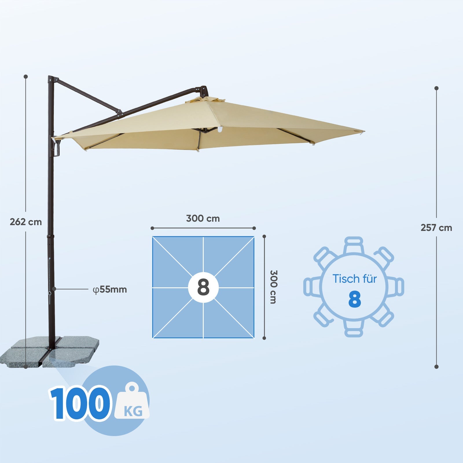 Sekey Ampelschirm 300 cm Aluminium Sonnenschirm mit 360° Drehung, Neigefunktion, UV50+ Schutz Sekey