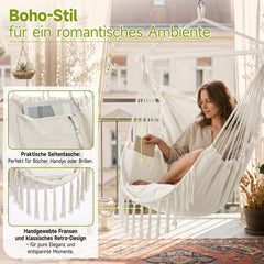 Sekey Hängesessel mit 2 Kissen & Seitentasche – Boho Hängestuhl in Creme für Balkon, Garten & Wohnbereich