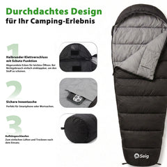 Sekey Mumienschlafsack Erwachsene – Ultraleichter Sommerschlafsack 0,9 kg / 1,7 kg, wasserabweisend & atmungsaktiv, mit Anti-Klemm-Reißverschluss, 220 × 80 × 50 cm, für Camping, Trekking & Reisen – Anthrazit / Grün
