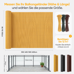 Sekey Balkon Sichtschutz in Natürlicher Schilfrohr-Optik – Wetterfeste Sichtschutzmatte mit Kabelbindern, Wasserdicht, UV-Beständig, Schimmelfrei, Ohne Bohren für Balkon, Garten & Terrasse