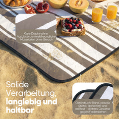 Sekey Picknickdecke Wasserdicht – Sandfreie Stranddecke mit klassischem Streifenmuster in Braun-Weiß, In Beige/Weiß gestreift, PEVA-Unterseite & Tragegurt für Picknick, Camping und Strand